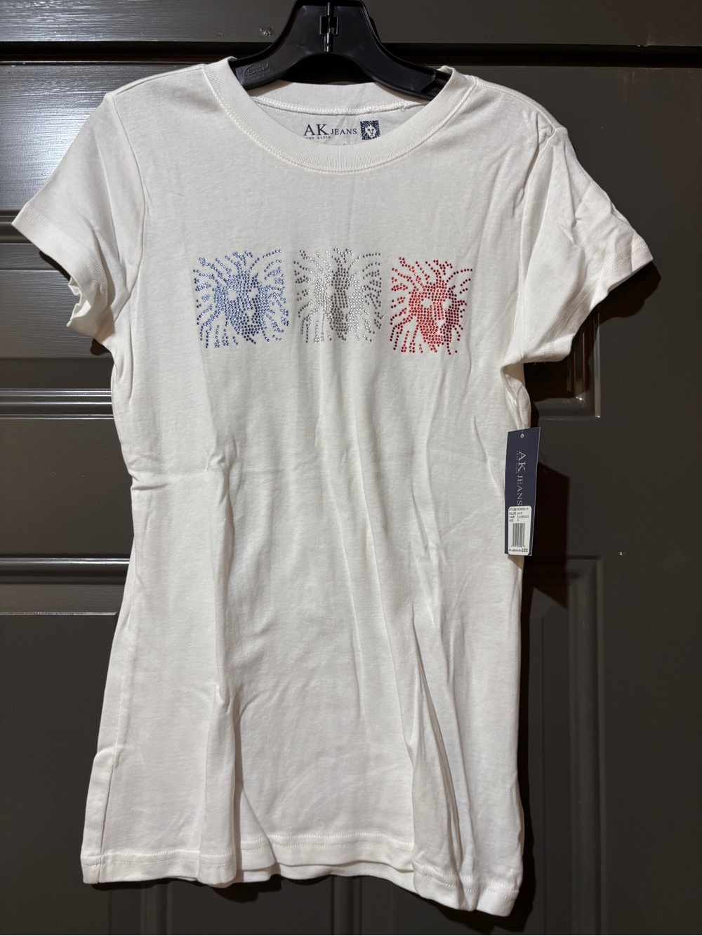 AK Jeans White Rhinestone Graphic Tee - Red, Blue, Silver Accents
